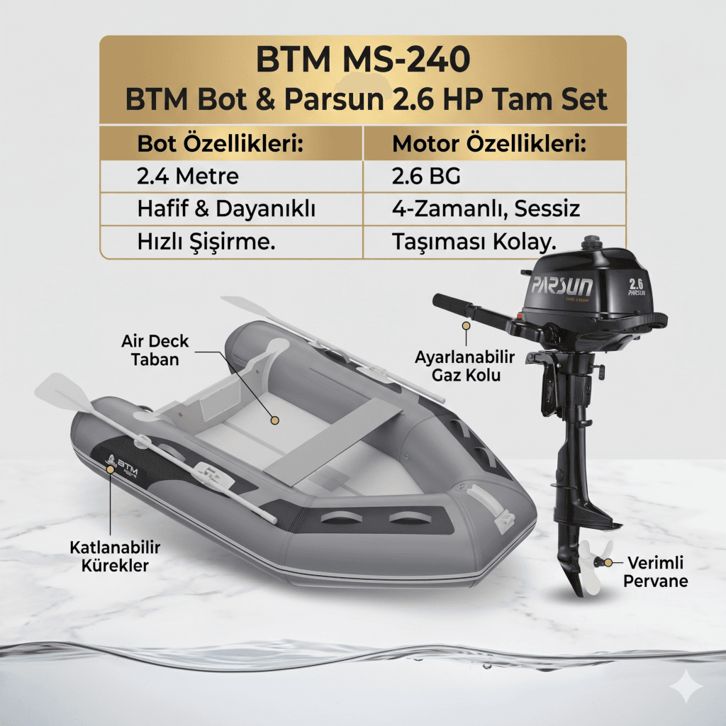 BTM Boat MS-240 Air Deck Şişme Bot & Parsun 2.6 HP 4-Zamanlı Dıştan Takma Motor Tam Set (Paket Kombinasyon)